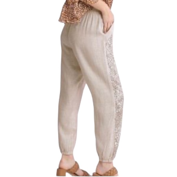 Umgee Beige Linen- Cotton Blend Sequins Pull on Jogger Pants - Picture 9 of 9